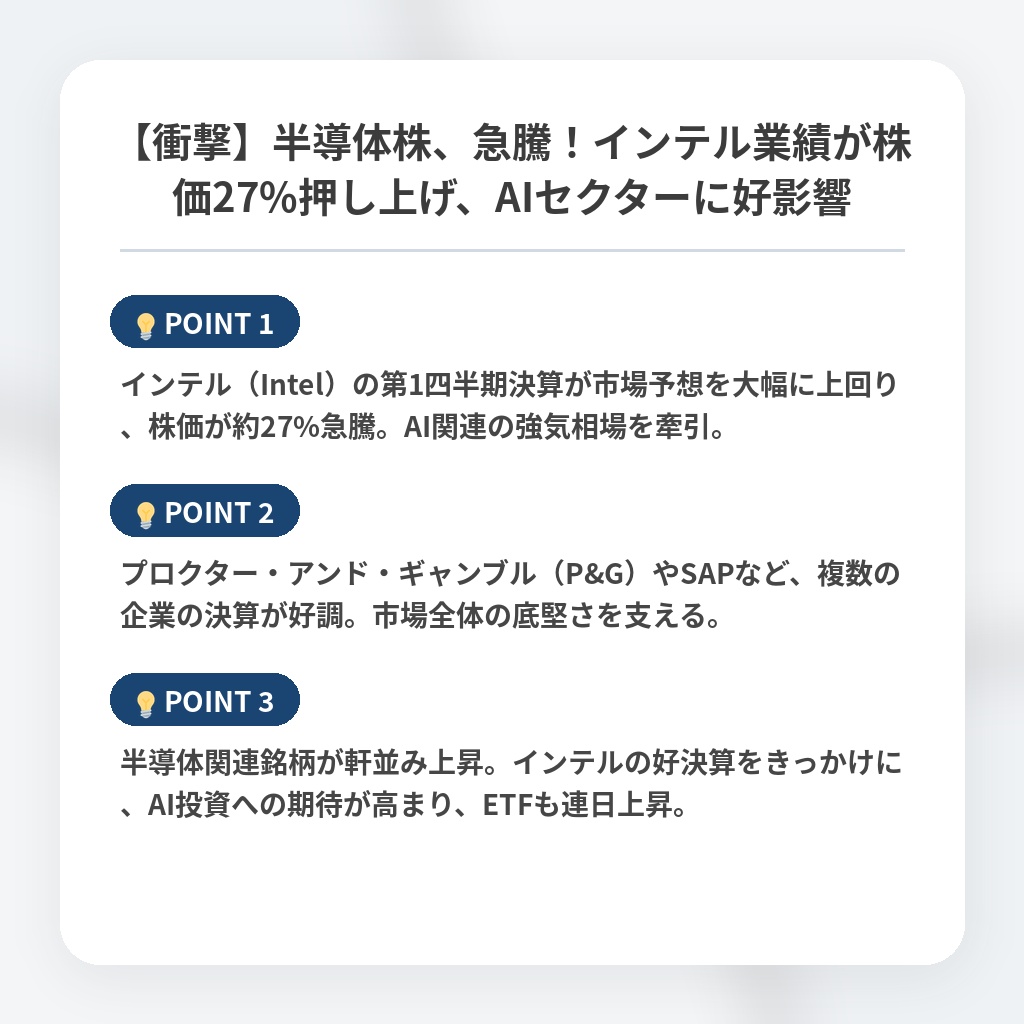 【衝撃】半導体株、急騰！インテル業績が株価27%押し上げ、AIセクターに好影響の注目ポイントまとめ