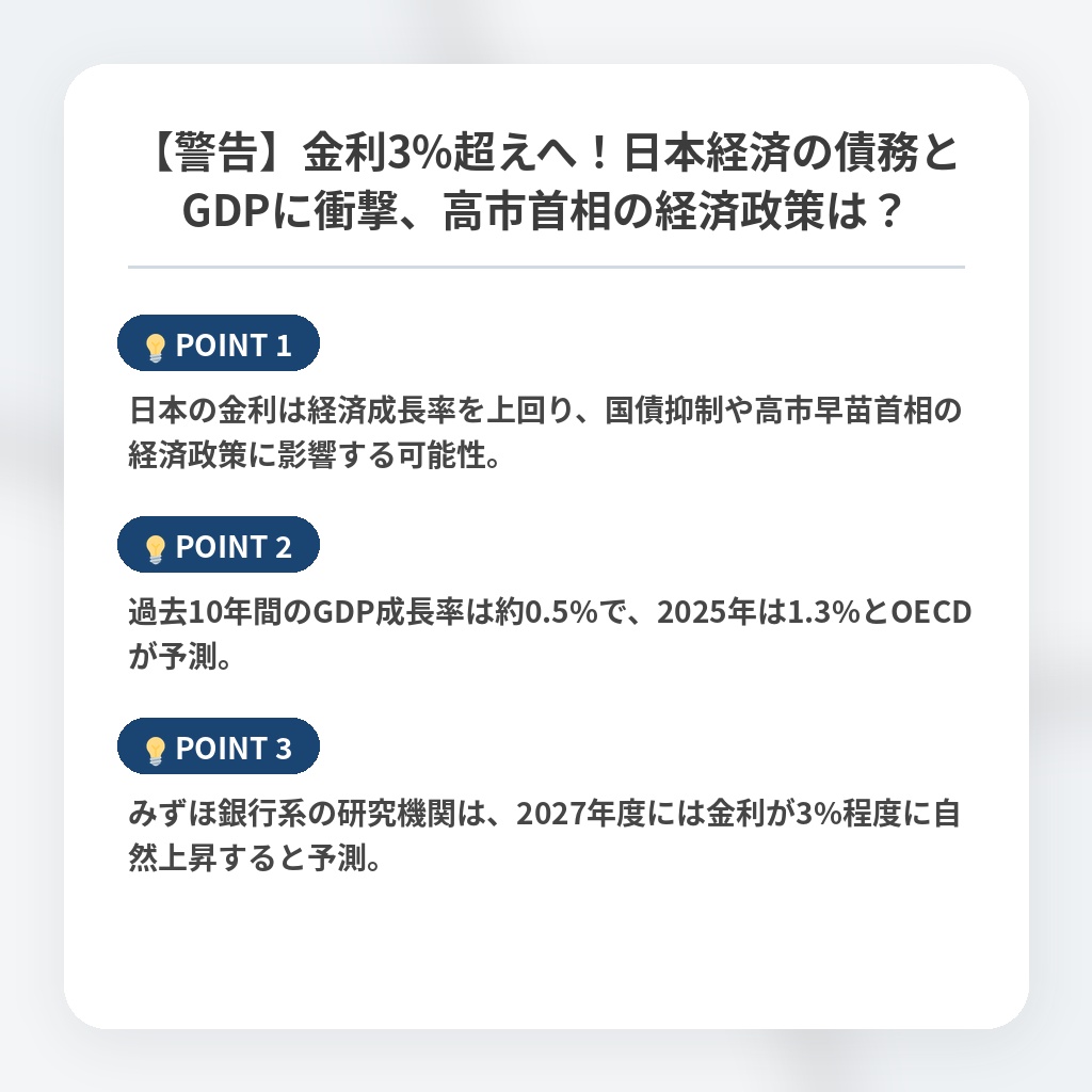 【警告】金利3%超えへ!日本経済の債務とGDPに衝撃、高市首相の経済政策は?の注目ポイントまとめ
