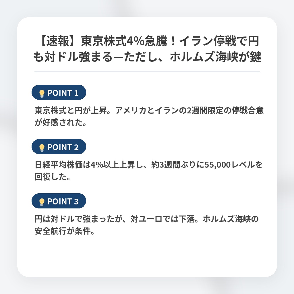 【速報】東京株式4%急騰!イラン停戦で円も対ドル強まる—ただし、ホルムズ海峡が鍵の注目ポイントまとめ