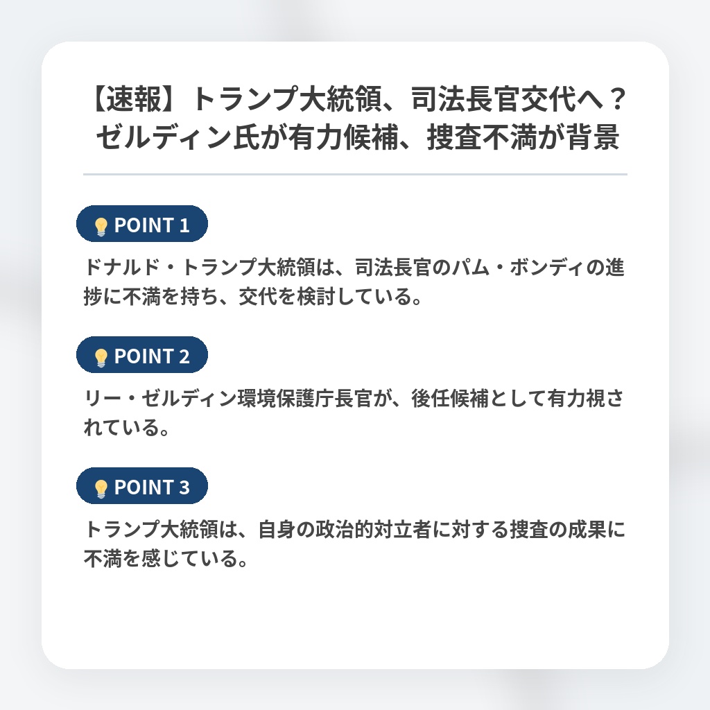 【速報】トランプ大統領、司法長官交代へ？ ゼルディン氏が有力候補、捜査不満が背景の注目ポイントまとめ