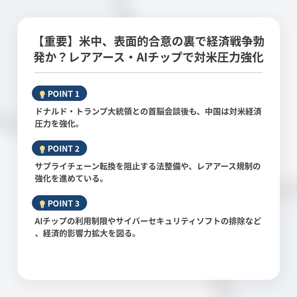 【重要】米中、表面的合意の裏で経済戦争勃発か？レアアース・AIチップで対米圧力強化の注目ポイントまとめ