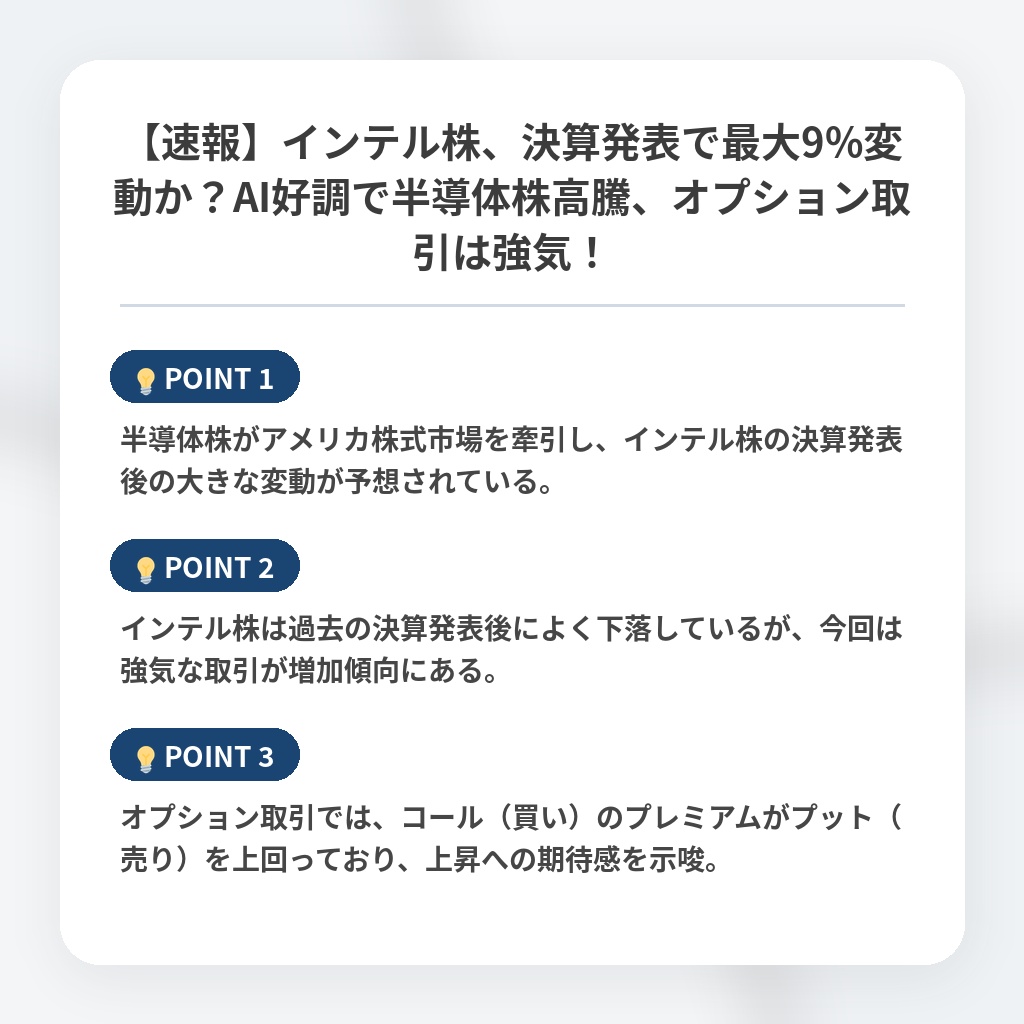 【速報】インテル株、決算発表で最大9%変動か？AI好調で半導体株高騰、オプション取引は強気！の注目ポイントまとめ