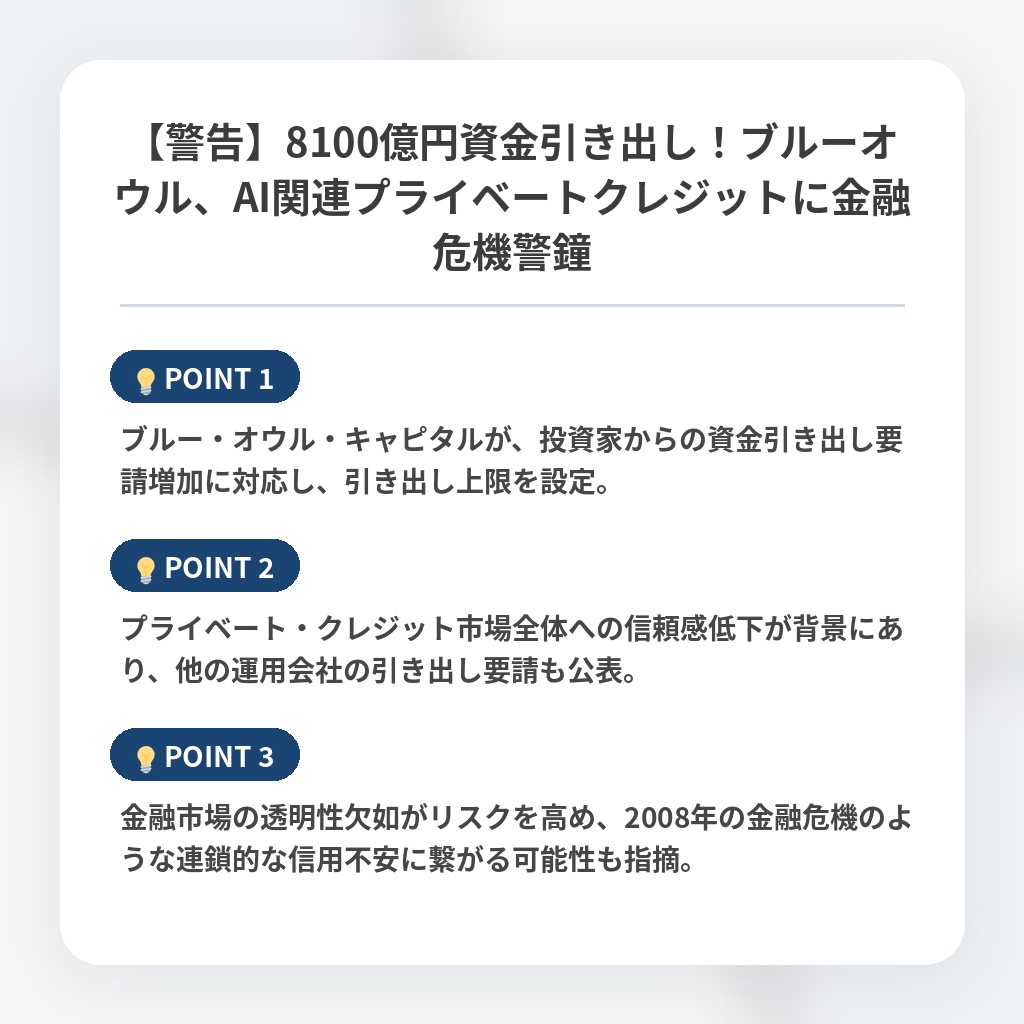 【警告】8100億円資金引き出し！ブルーオウル、AI関連プライベートクレジットに金融危機警鐘の注目ポイントまとめ