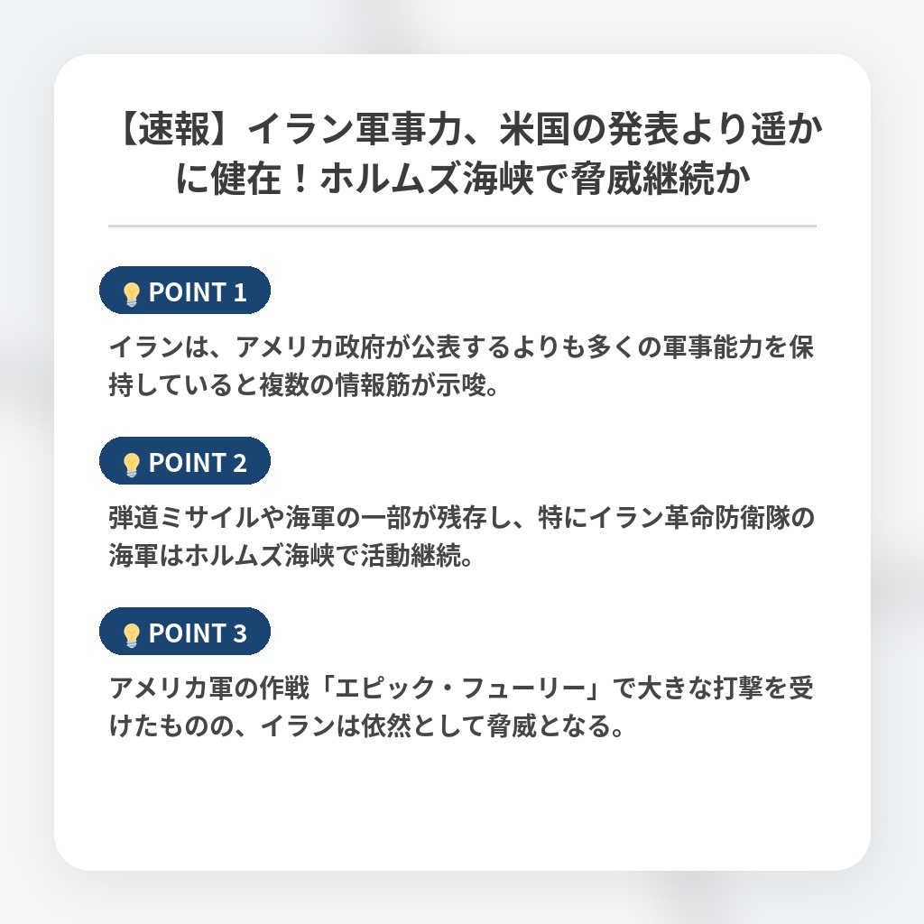 【速報】イラン軍事力、米国の発表より遥かに健在！ホルムズ海峡で脅威継続かの注目ポイントまとめ