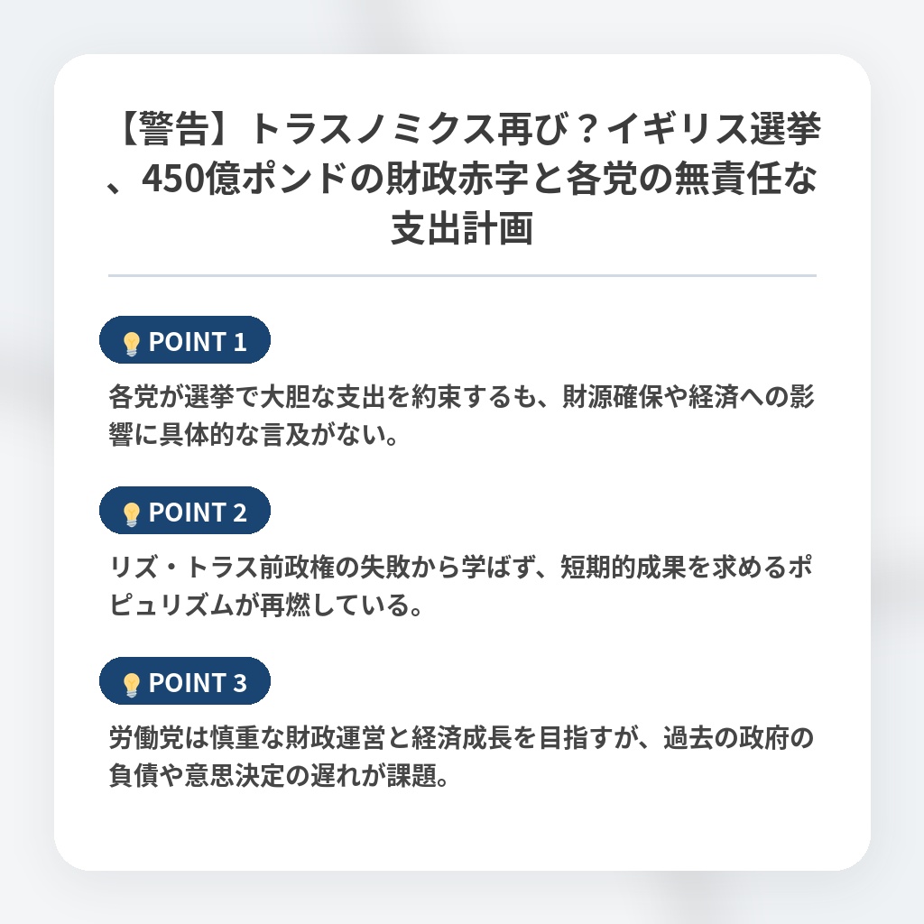 【警告】トラスノミクス再び？イギリス選挙、450億ポンドの財政赤字と各党の無責任な支出計画の注目ポイントまとめ