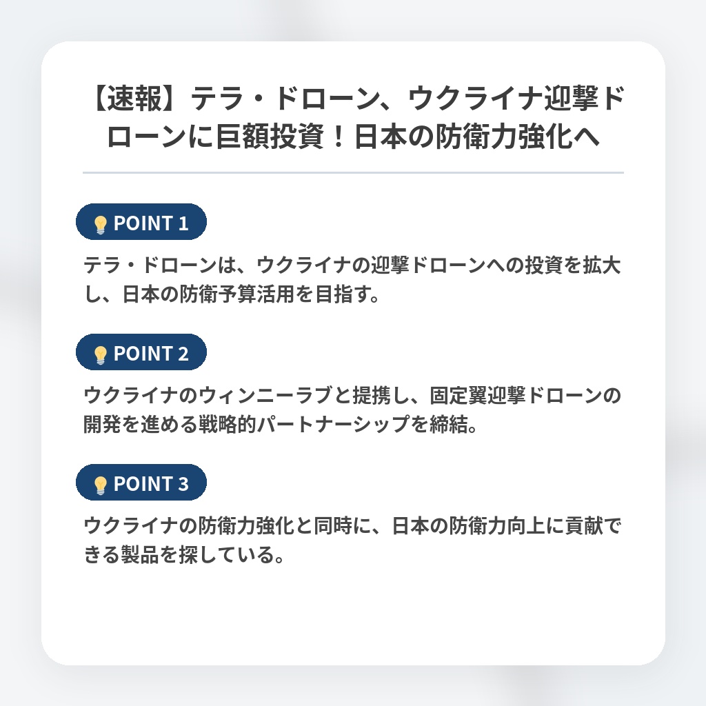 【速報】テラ・ドローン、ウクライナ迎撃ドローンに巨額投資！日本の防衛力強化への注目ポイントまとめ