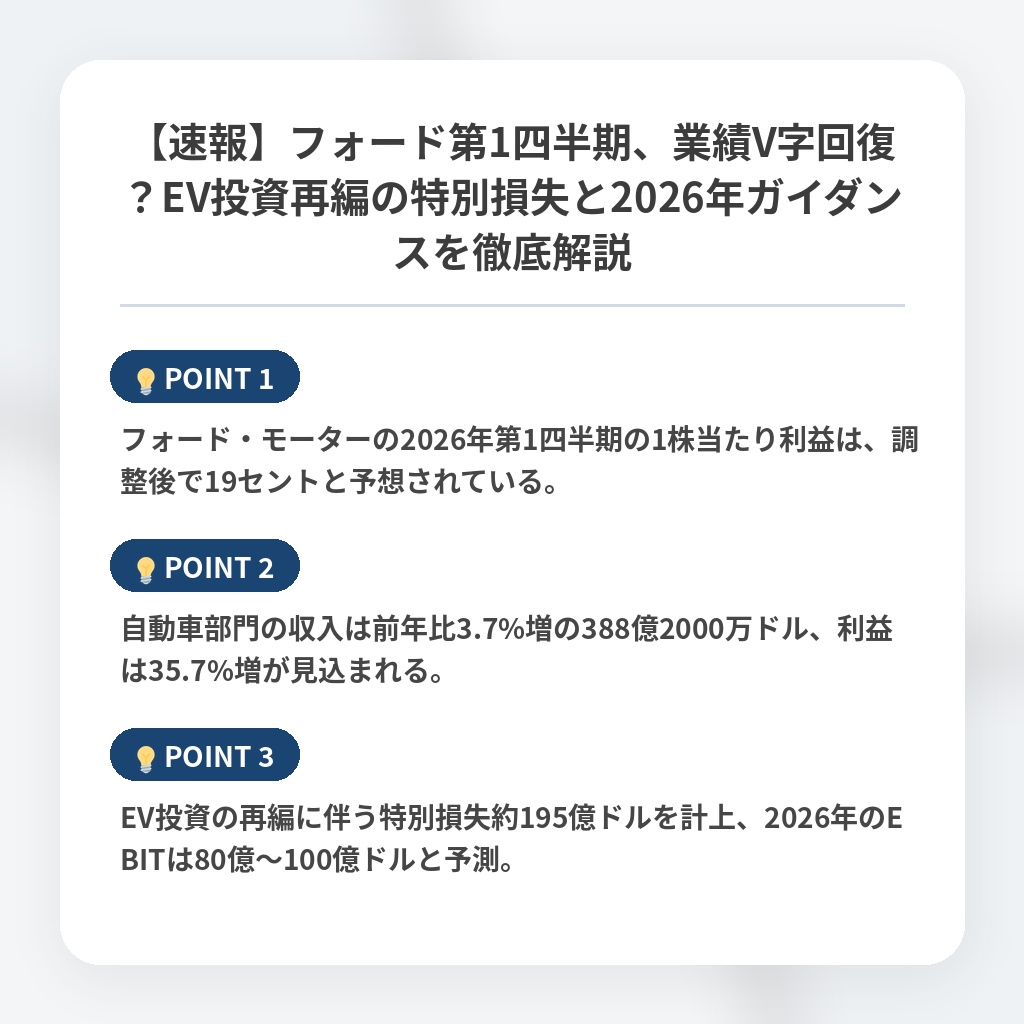 【速報】フォード第1四半期、業績V字回復？EV投資再編の特別損失と2026年ガイダンスを徹底解説の注目ポイントまとめ