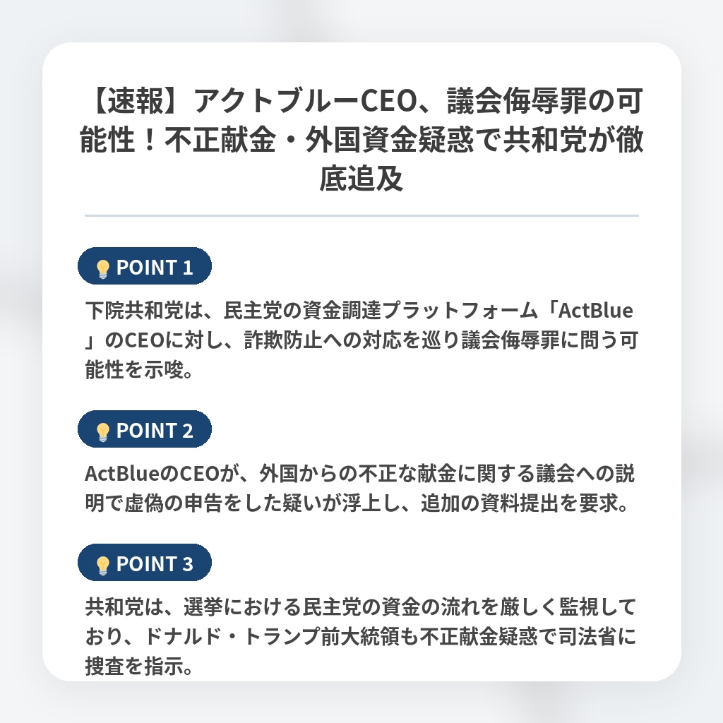 【速報】アクトブルーCEO、議会侮辱罪の可能性!不正献金・外国資金疑惑で共和党が徹底追及の注目ポイントまとめ