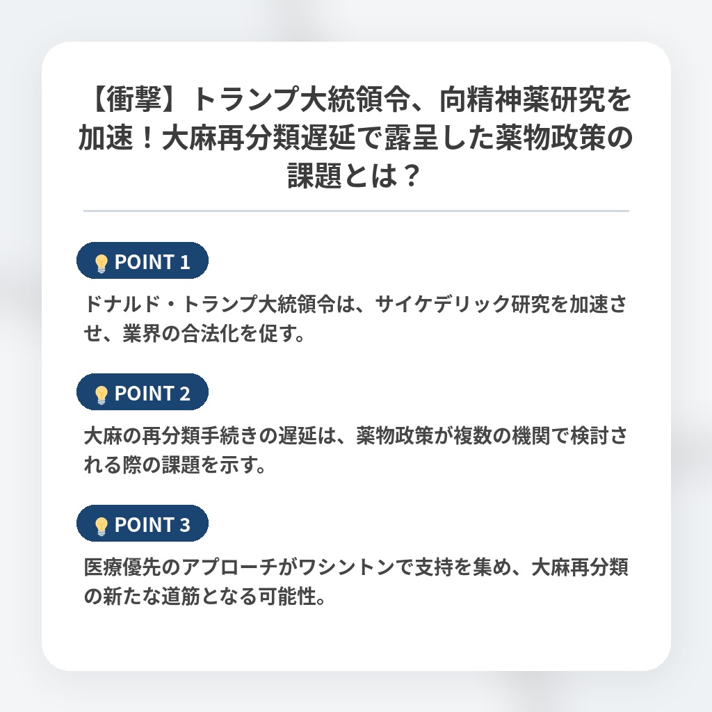 【衝撃】トランプ大統領令、向精神薬研究を加速！大麻再分類遅延で露呈した薬物政策の課題とは？の注目ポイントまとめ