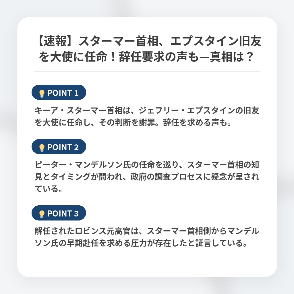【速報】スターマー首相、エプスタイン旧友を大使に任命！辞任要求の声も—真相は？の注目ポイントまとめ