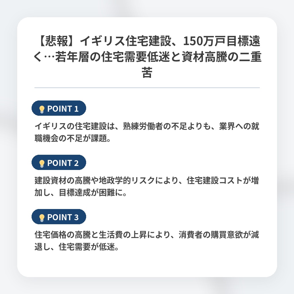 【悲報】イギリス住宅建設、150万戸目標遠く…若年層の住宅需要低迷と資材高騰の二重苦の注目ポイントまとめ