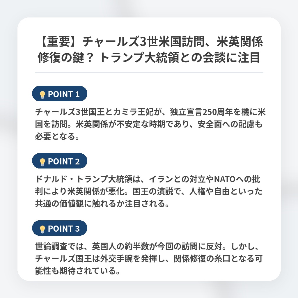 【重要】チャールズ3世米国訪問、米英関係修復の鍵？ トランプ大統領との会談に注目の注目ポイントまとめ