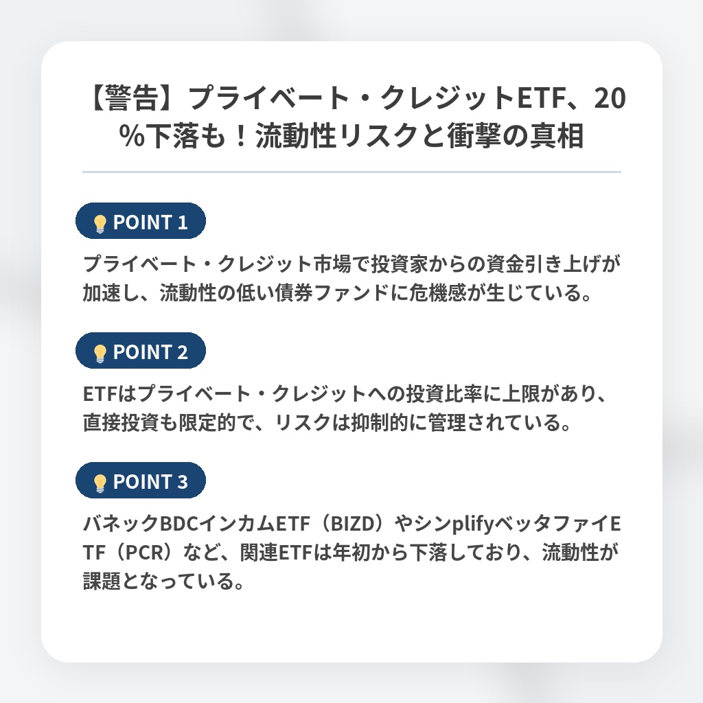 【警告】プライベート・クレジットETF、20%下落も！流動性リスクと衝撃の真相の注目ポイントまとめ
