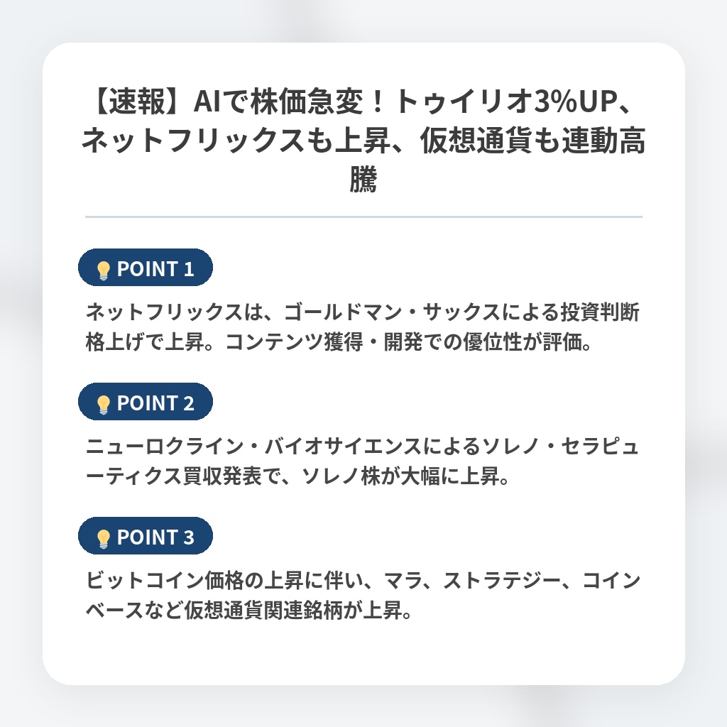 【速報】AIで株価急変！トゥイリオ3%UP、ネットフリックスも上昇、仮想通貨も連動高騰の注目ポイントまとめ
