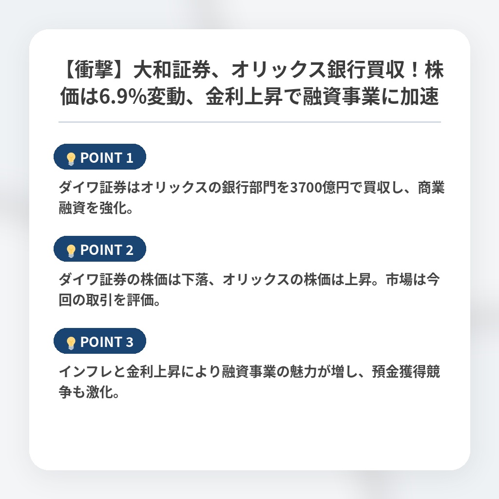 【衝撃】大和証券、オリックス銀行買収！株価は6.9%変動、金利上昇で融資事業に加速の注目ポイントまとめ