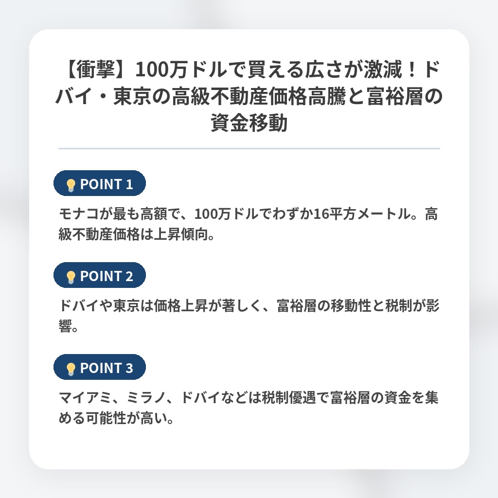【衝撃】100万ドルで買える広さが激減！ドバイ・東京の高級不動産価格高騰と富裕層の資金移動の注目ポイントまとめ
