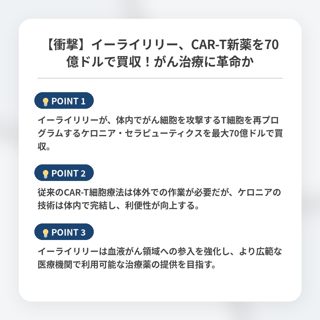 【衝撃】イーライリリー、CAR-T新薬を70億ドルで買収！がん治療に革命かの注目ポイントまとめ
