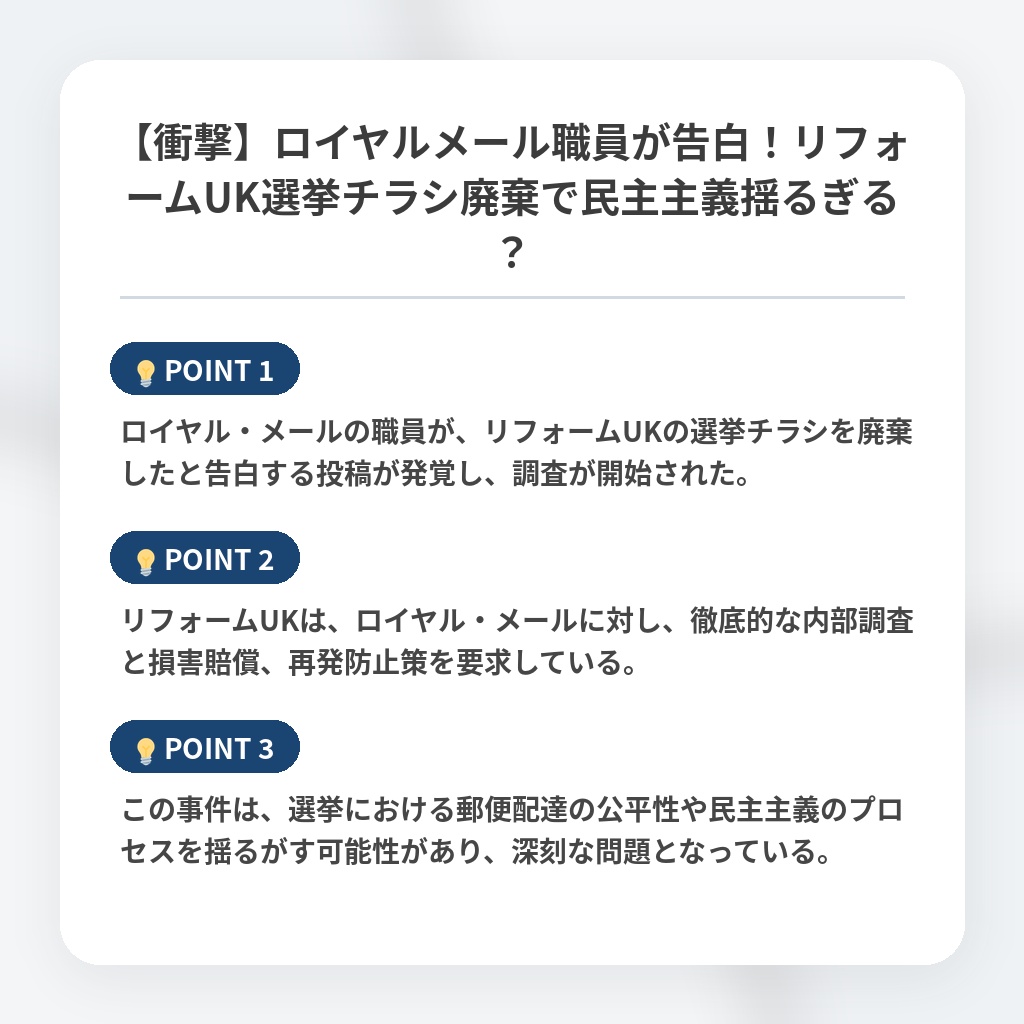 【衝撃】ロイヤルメール職員が告白！リフォームUK選挙チラシ廃棄で民主主義揺るぎる？の注目ポイントまとめ