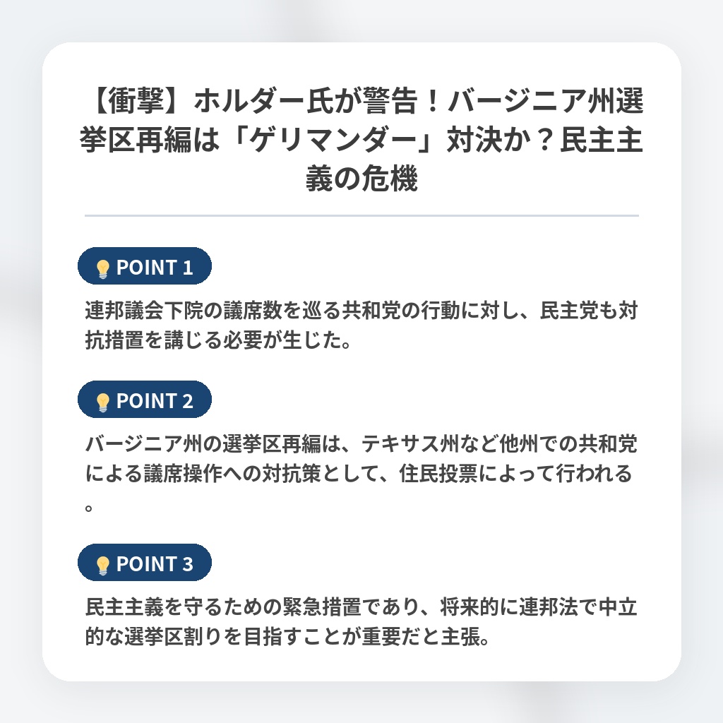 【衝撃】ホルダー氏が警告！バージニア州選挙区再編は「ゲリマンダー」対決か？民主主義の危機の注目ポイントまとめ