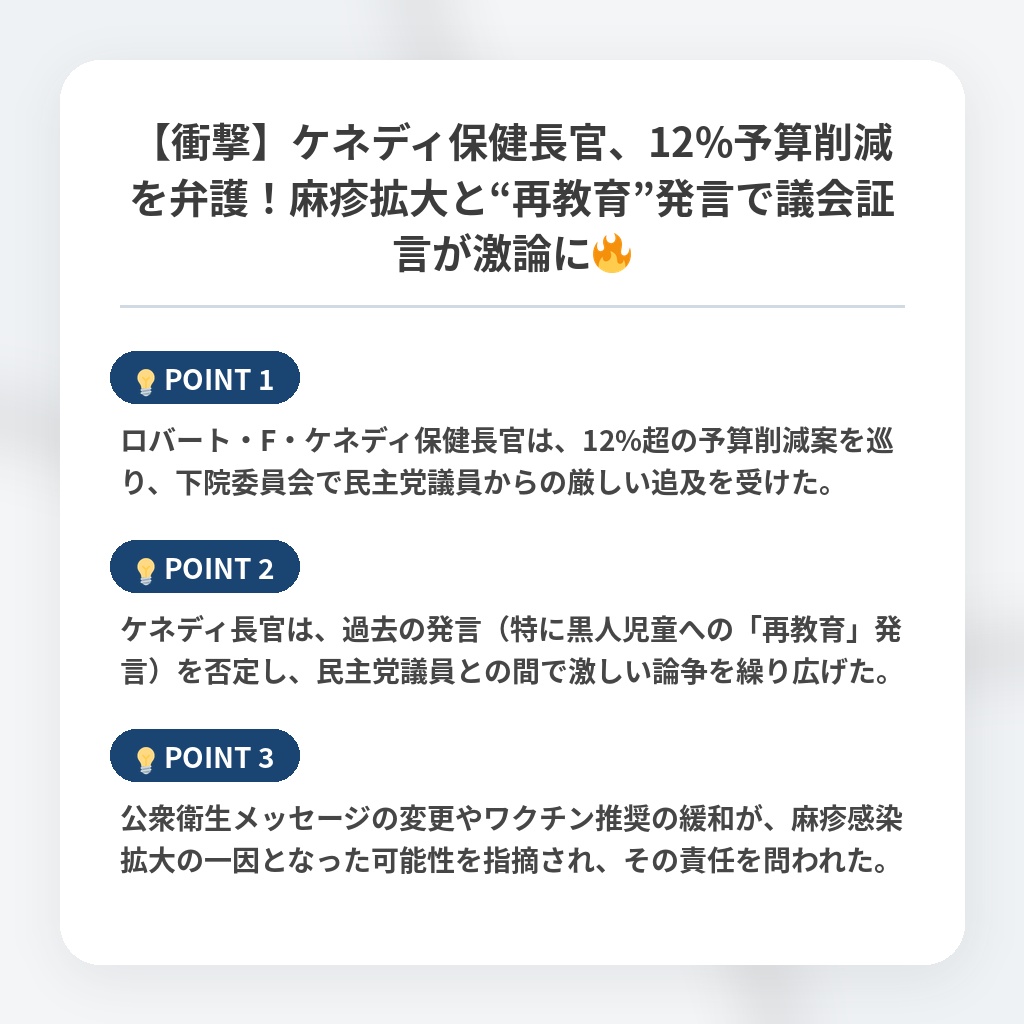 【衝撃】ケネディ保健長官、12%予算削減を弁護！麻疹拡大と“再教育”発言で議会証言が激論に🔥の注目ポイントまとめ