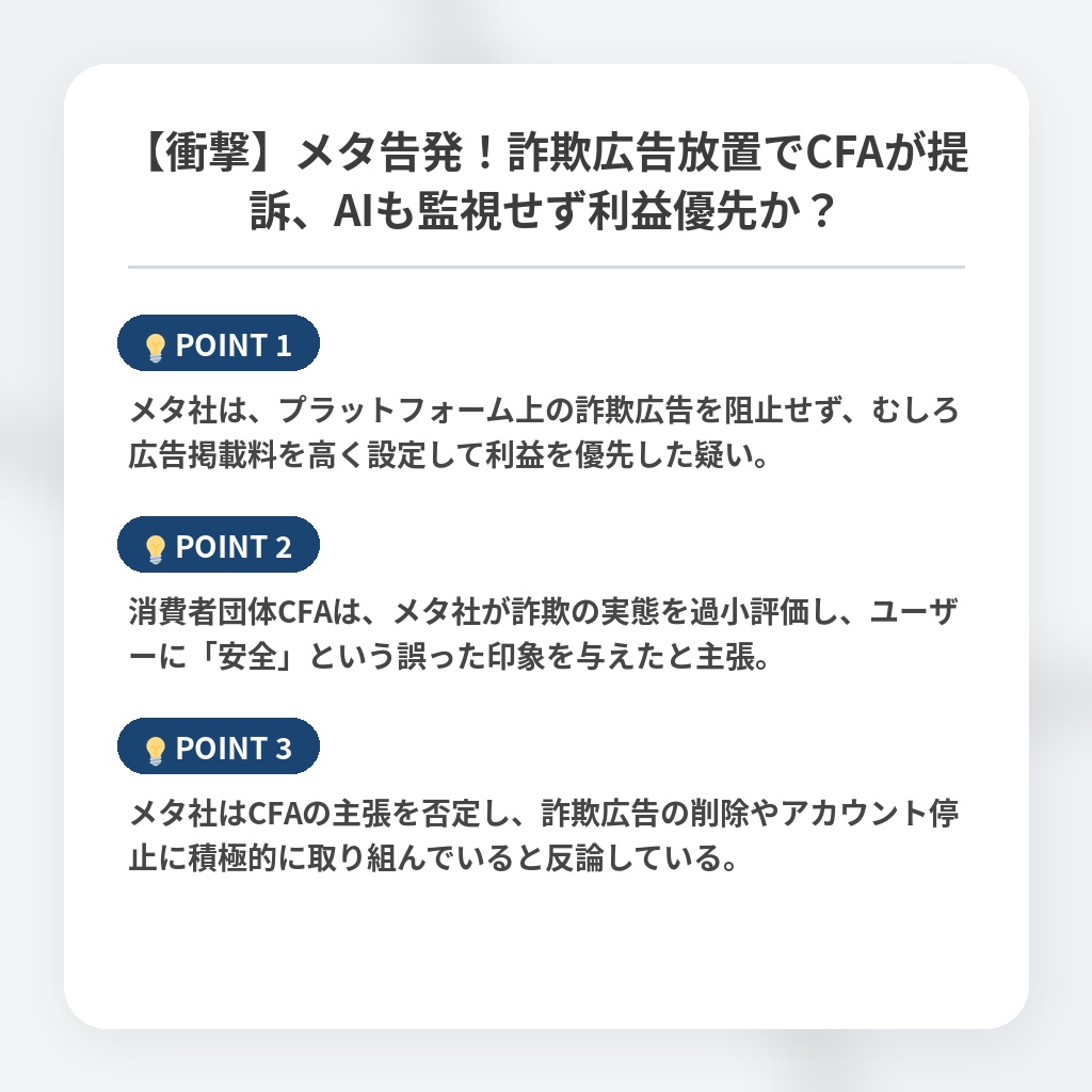 【衝撃】メタ告発！詐欺広告放置でCFAが提訴、AIも監視せず利益優先か？の注目ポイントまとめ