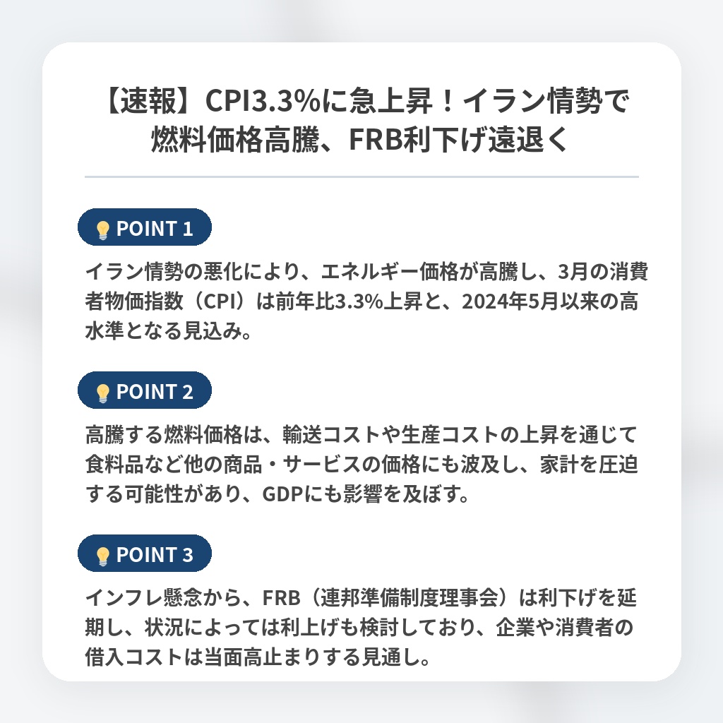 【速報】CPI3.3%に急上昇！イラン情勢で燃料価格高騰、FRB利下げ遠退くの注目ポイントまとめ