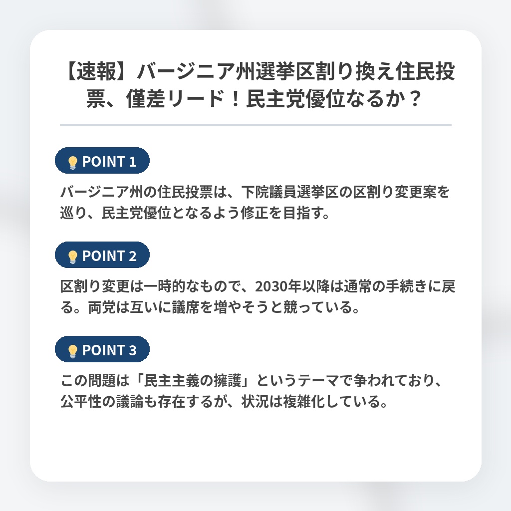 【速報】バージニア州選挙区割り換え住民投票、僅差リード！民主党優位なるか？の注目ポイントまとめ