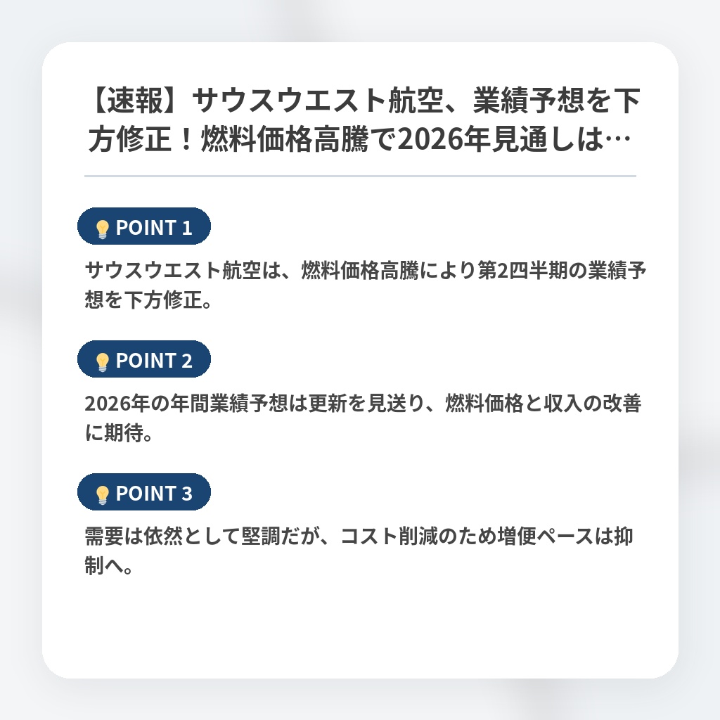 【速報】サウスウエスト航空、業績予想を下方修正！燃料価格高騰で2026年見通しは…の注目ポイントまとめ