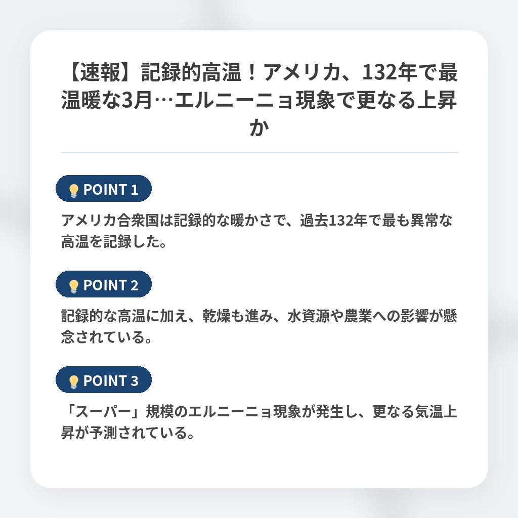 【速報】記録的高温！アメリカ、132年で最温暖な3月…エルニーニョ現象で更なる上昇かの注目ポイントまとめ