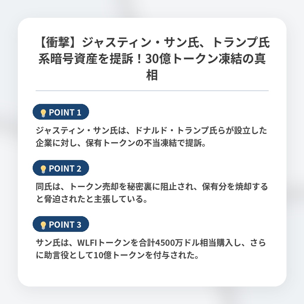 【衝撃】ジャスティン・サン氏、トランプ氏系暗号資産を提訴！30億トークン凍結の真相の注目ポイントまとめ