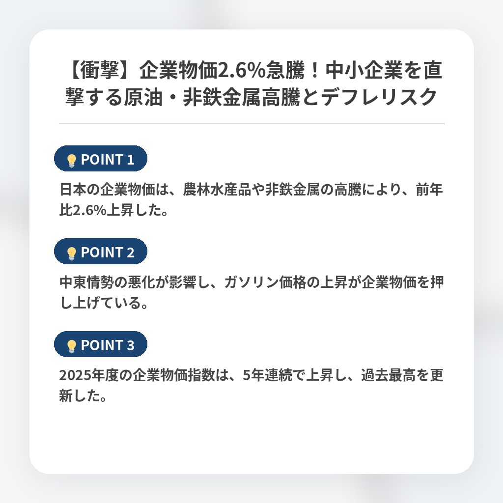 【衝撃】企業物価2.6%急騰!中小企業を直撃する原油・非鉄金属高騰とデフレリスクの注目ポイントまとめ
