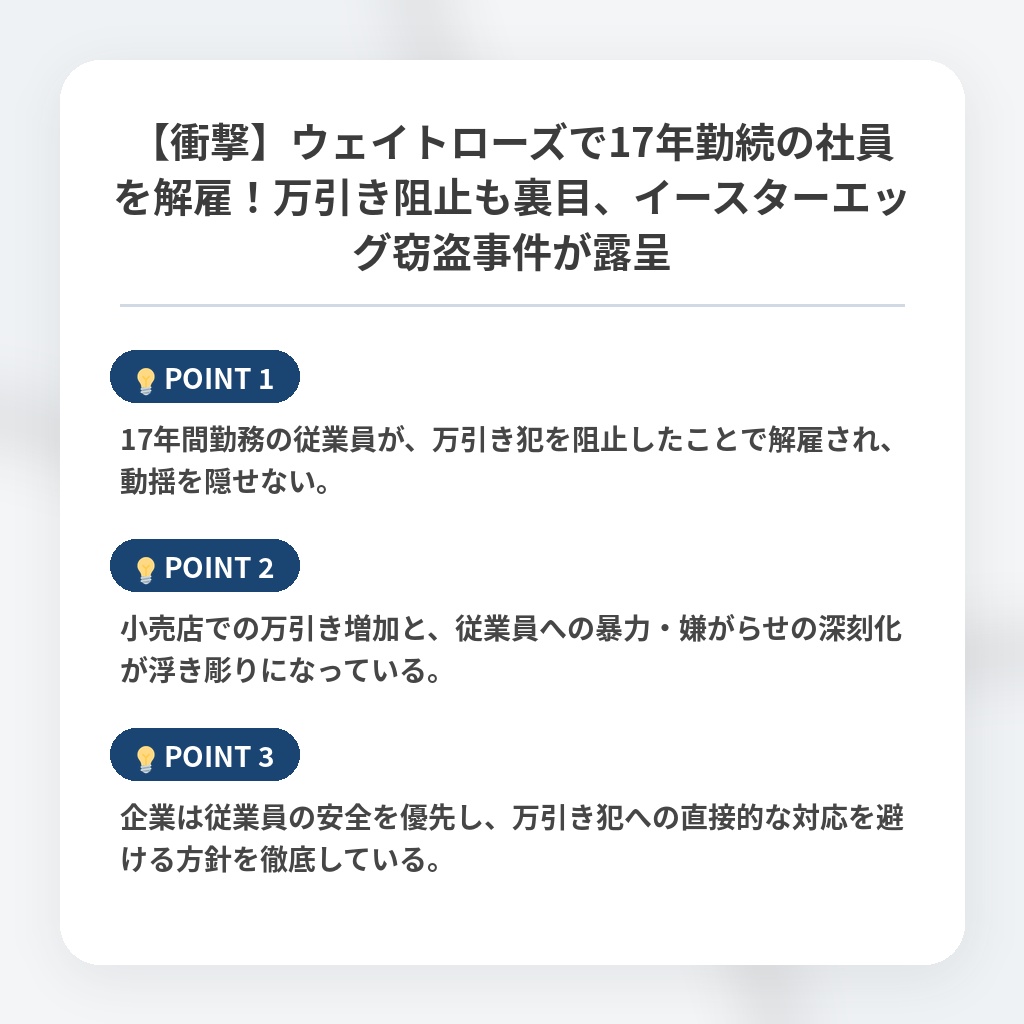 【衝撃】ウェイトローズで17年勤続の社員を解雇!万引き阻止も裏目、イースターエッグ窃盗事件が露呈の注目ポイントまとめ