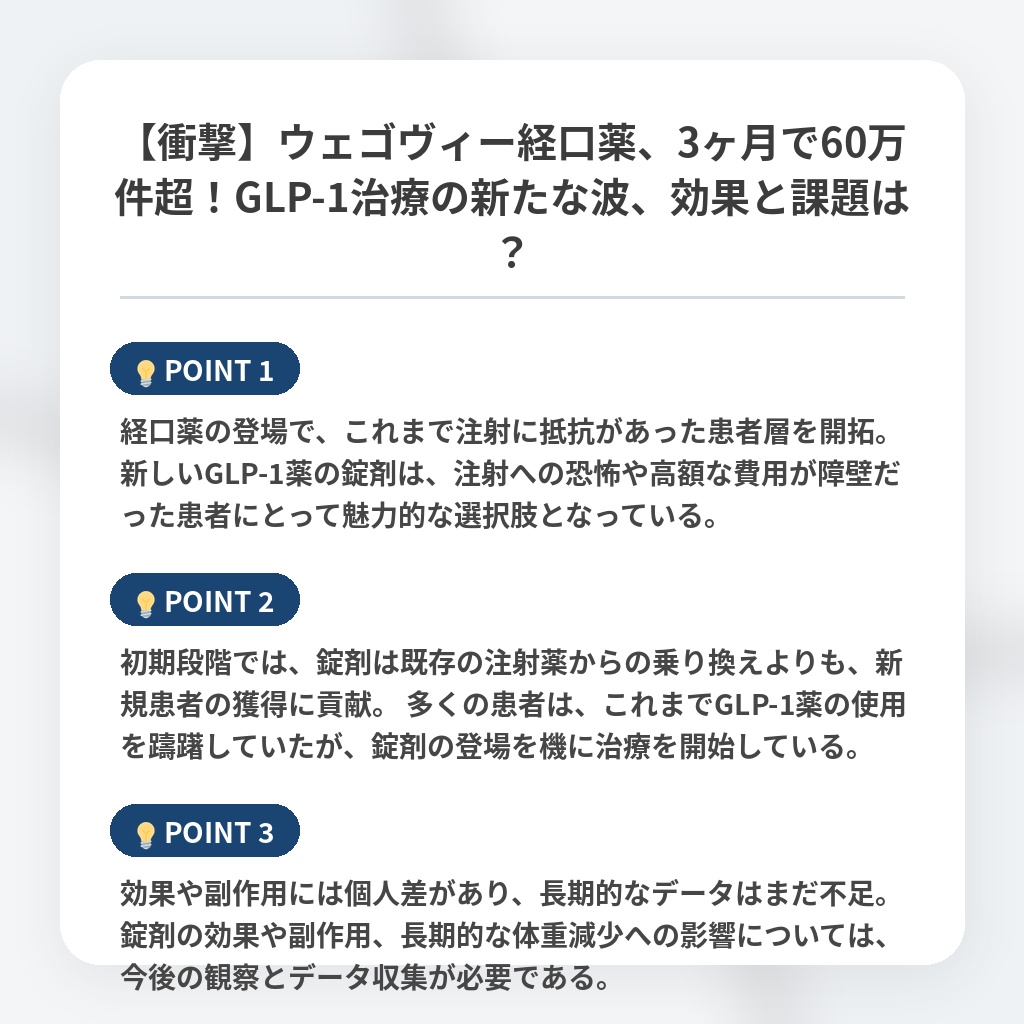 【衝撃】ウェゴヴィー経口薬、3ヶ月で60万件超!GLP-1治療の新たな波、効果と課題は?の注目ポイントまとめ