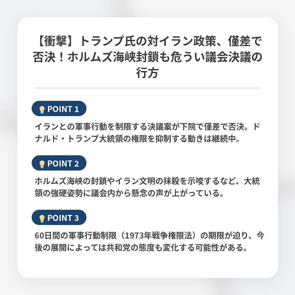 【衝撃】トランプ氏の対イラン政策、僅差で否決！ホルムズ海峡封鎖も危うい議会決議の行方の注目ポイントまとめ