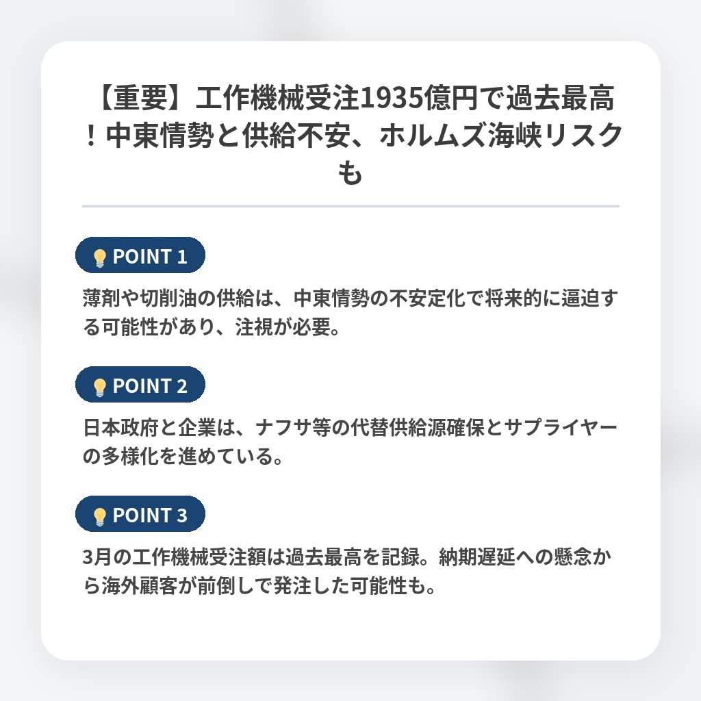 【重要】工作機械受注1935億円で過去最高！中東情勢と供給不安、ホルムズ海峡リスクもの注目ポイントまとめ