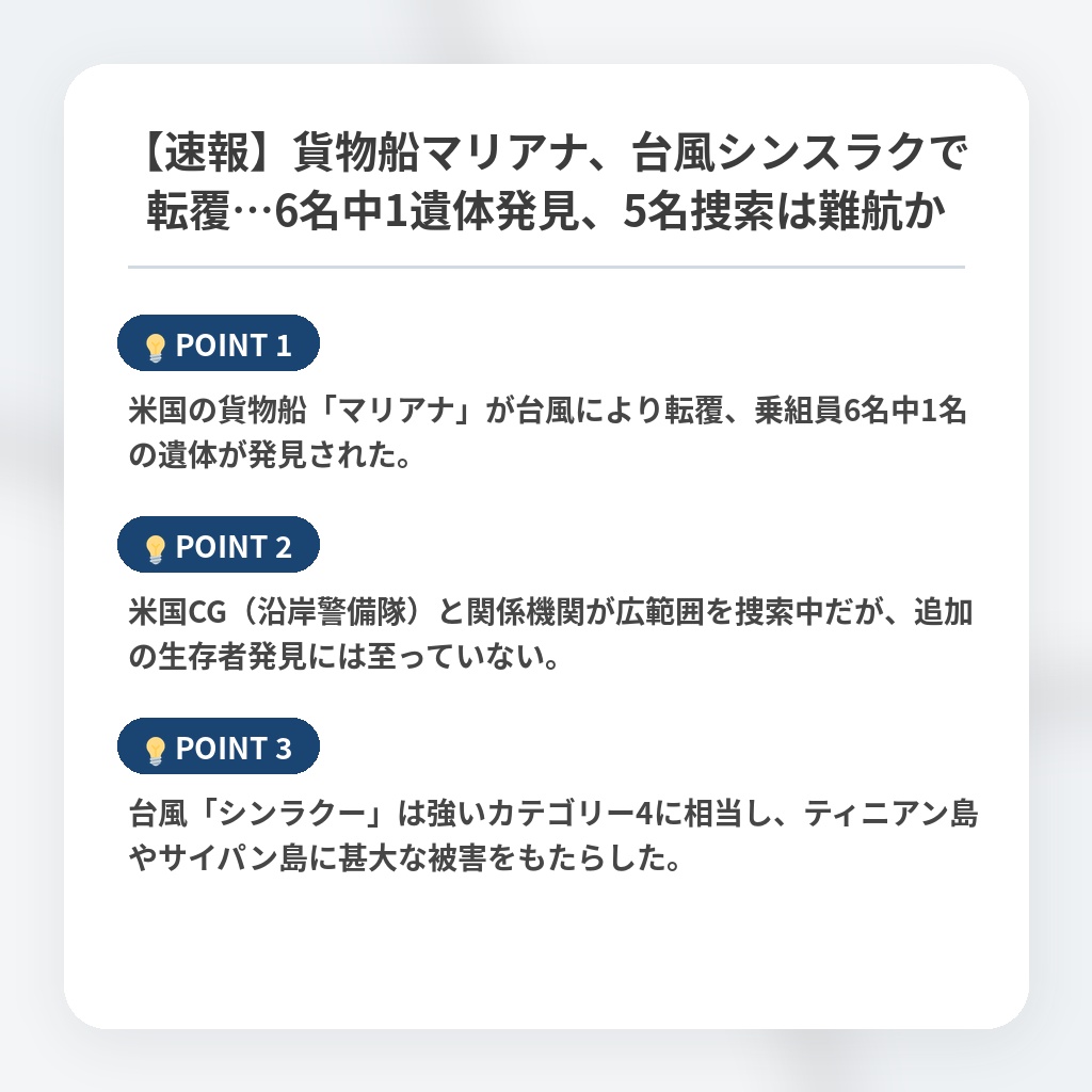 【速報】貨物船マリアナ、台風シンスラクで転覆…6名中1遺体発見、5名捜索は難航かの注目ポイントまとめ