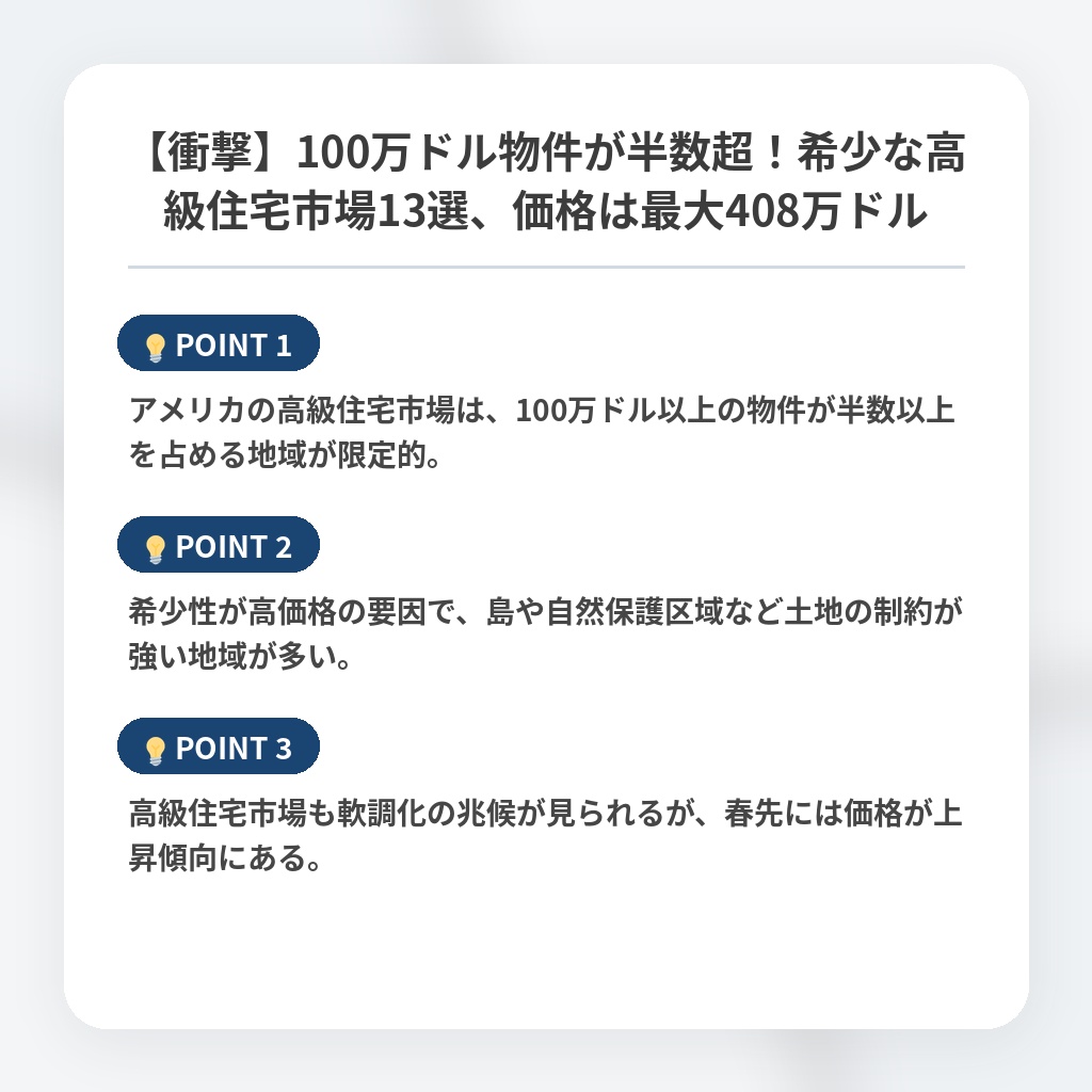 【衝撃】100万ドル物件が半数超！希少な高級住宅市場13選、価格は最大408万ドルの注目ポイントまとめ