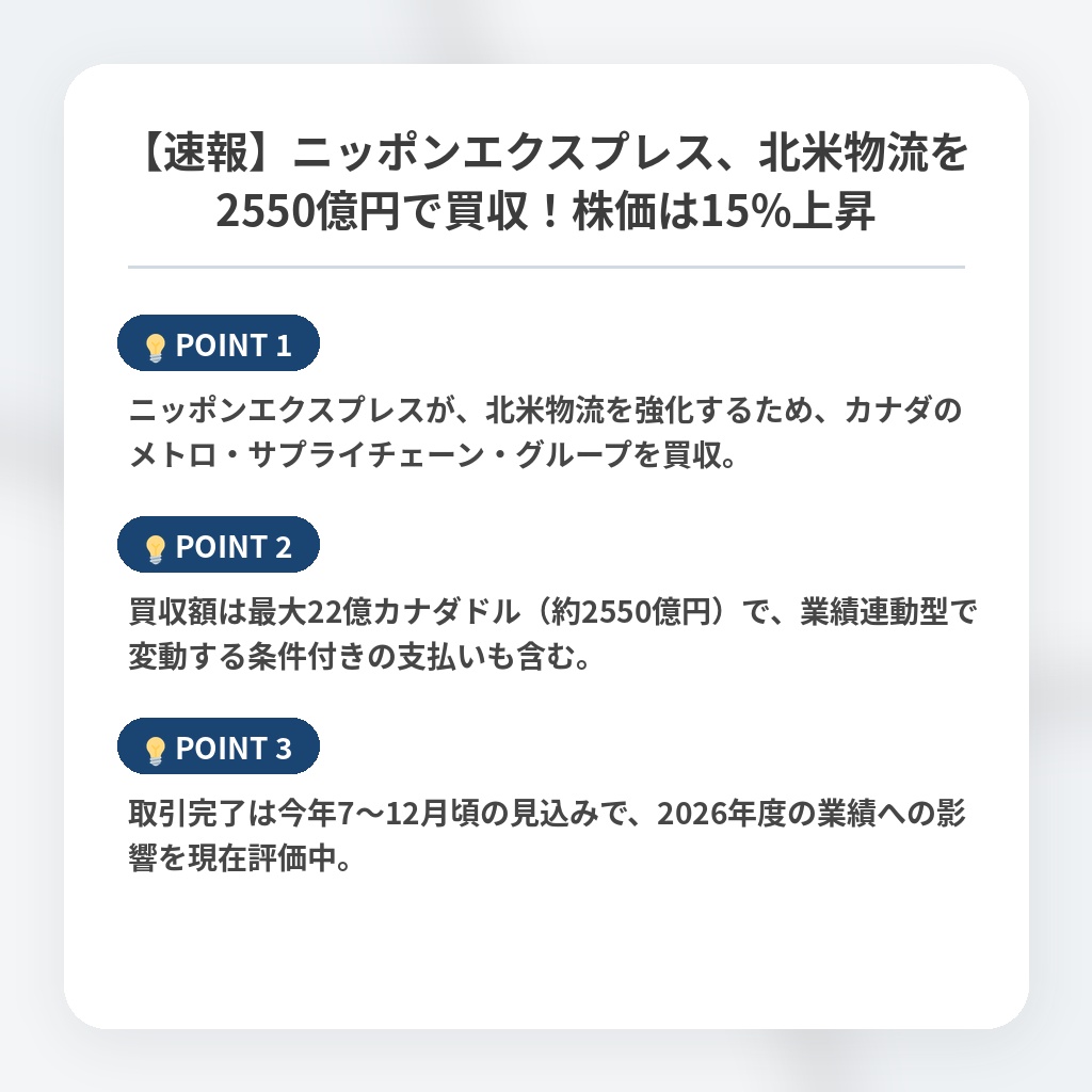 【速報】ニッポンエクスプレス、北米物流を2550億円で買収！株価は15%上昇の注目ポイントまとめ