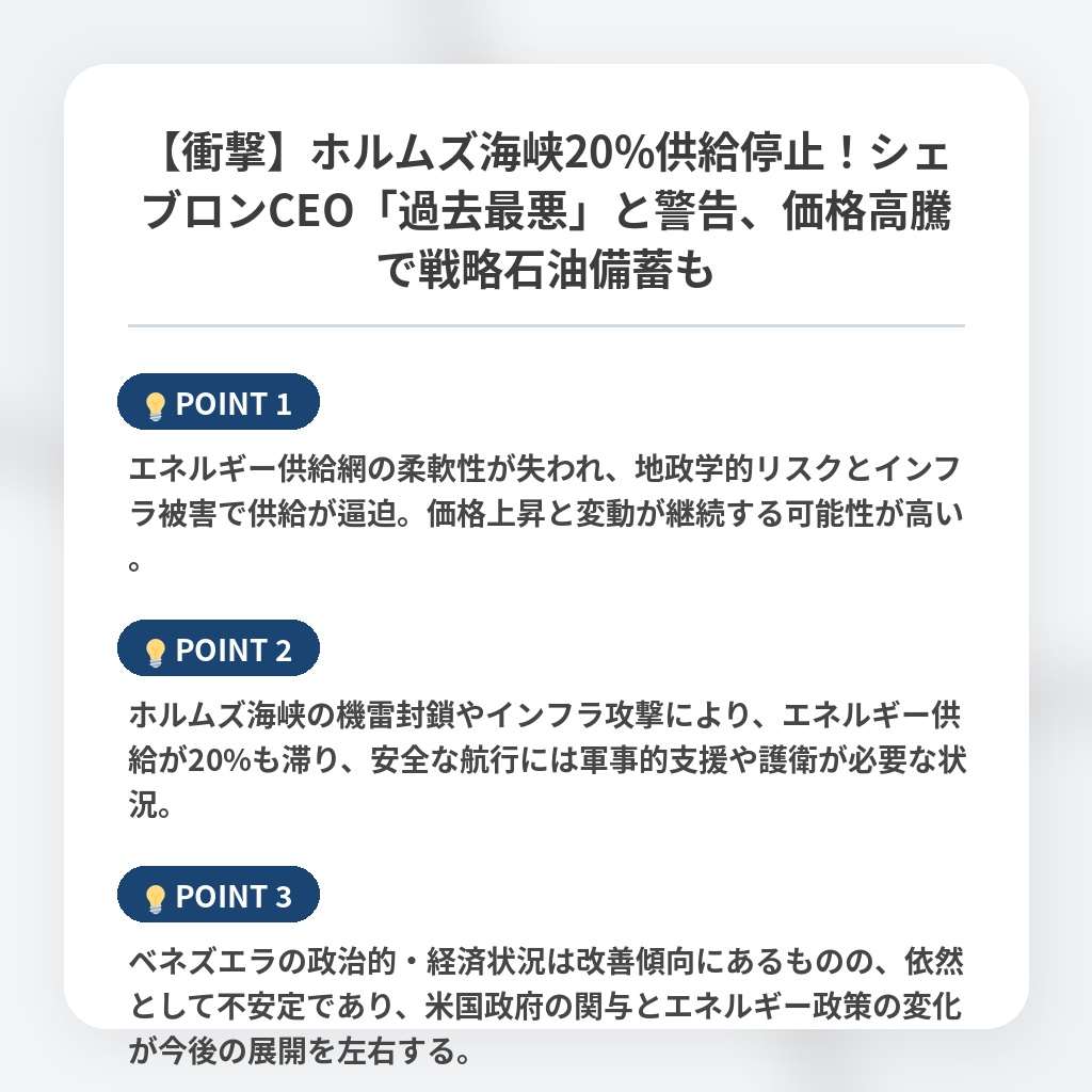 【衝撃】ホルムズ海峡20%供給停止！シェブロンCEO「過去最悪」と警告、価格高騰で戦略石油備蓄もの注目ポイントまとめ