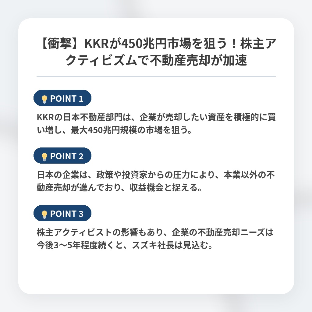 【衝撃】KKRが450兆円市場を狙う!株主アクティビズムで不動産売却が加速の注目ポイントまとめ
