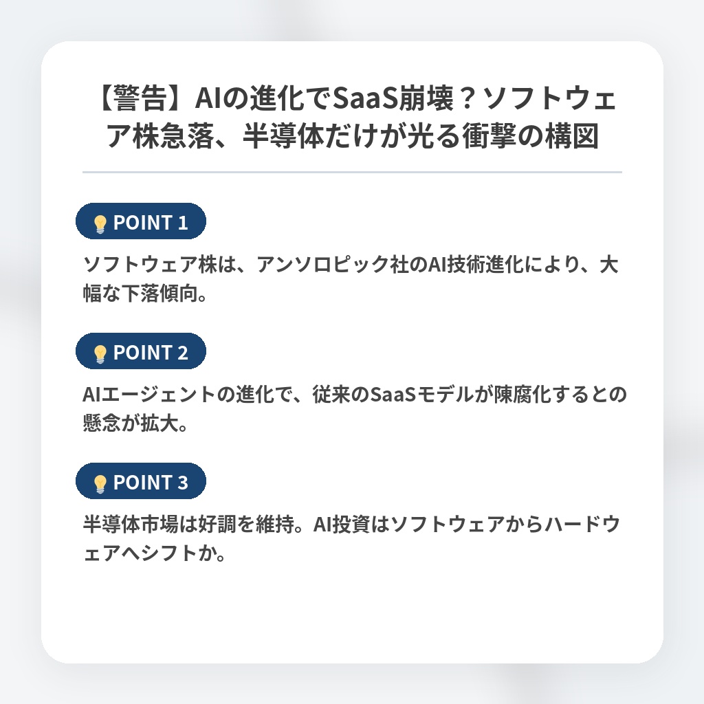 【警告】AIの進化でSaaS崩壊？ソフトウェア株急落、半導体だけが光る衝撃の構図の注目ポイントまとめ