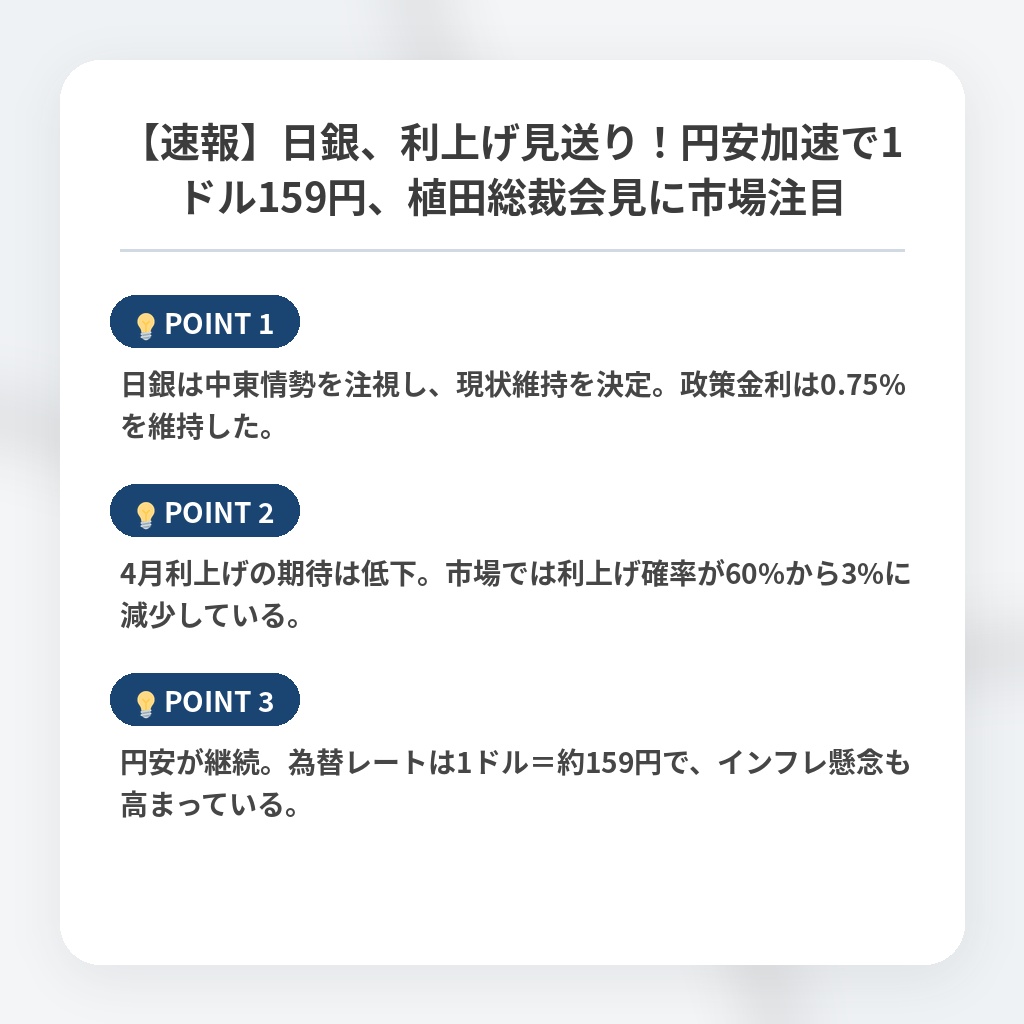 【速報】日銀、利上げ見送り！円安加速で1ドル159円、植田総裁会見に市場注目の注目ポイントまとめ