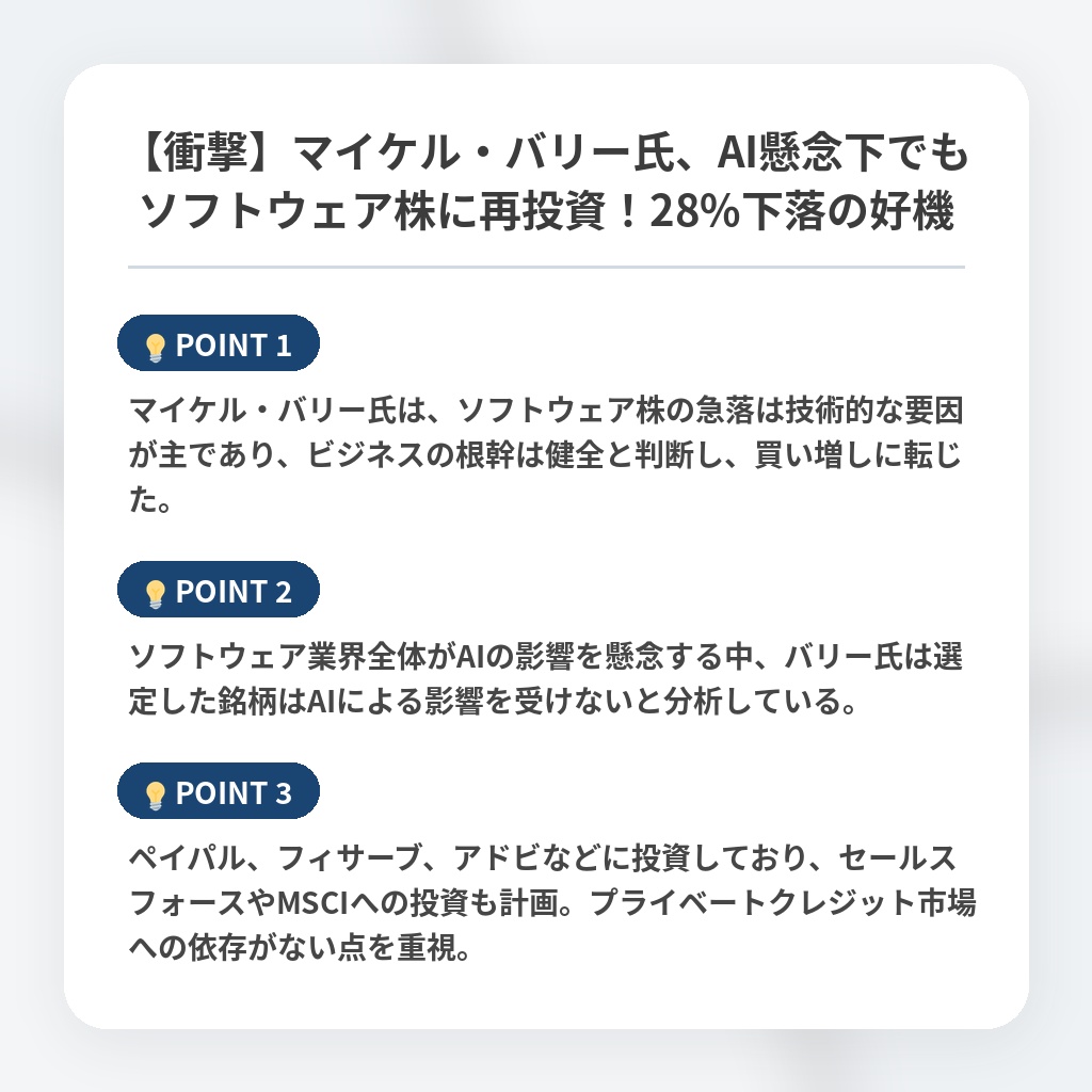 【衝撃】マイケル・バリー氏、AI懸念下でもソフトウェア株に再投資！28%下落の好機の注目ポイントまとめ
