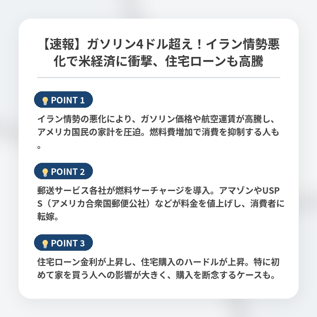 【速報】ガソリン4ドル超え!イラン情勢悪化で米経済に衝撃、住宅ローンも高騰の注目ポイントまとめ