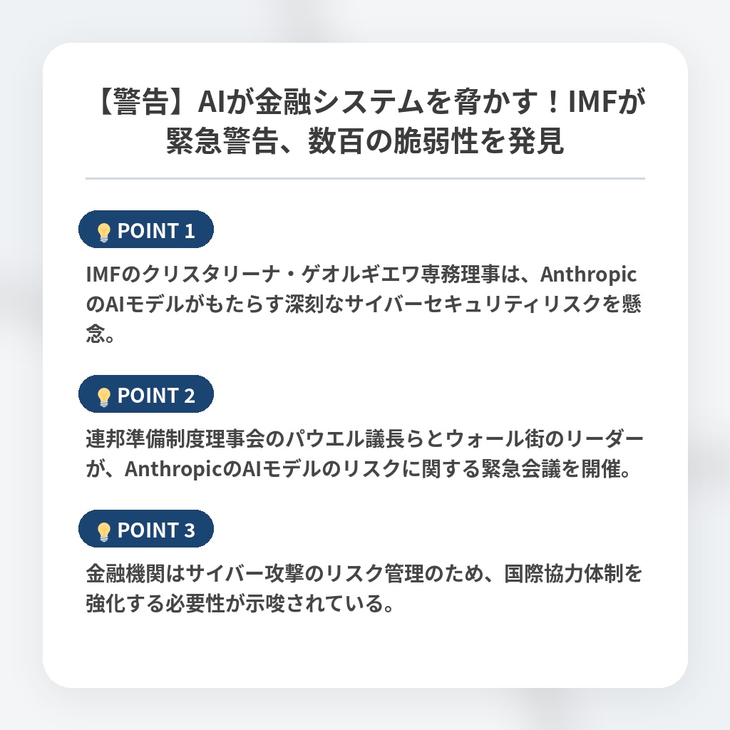 【警告】AIが金融システムを脅かす!IMFが緊急警告、数百の脆弱性を発見の注目ポイントまとめ