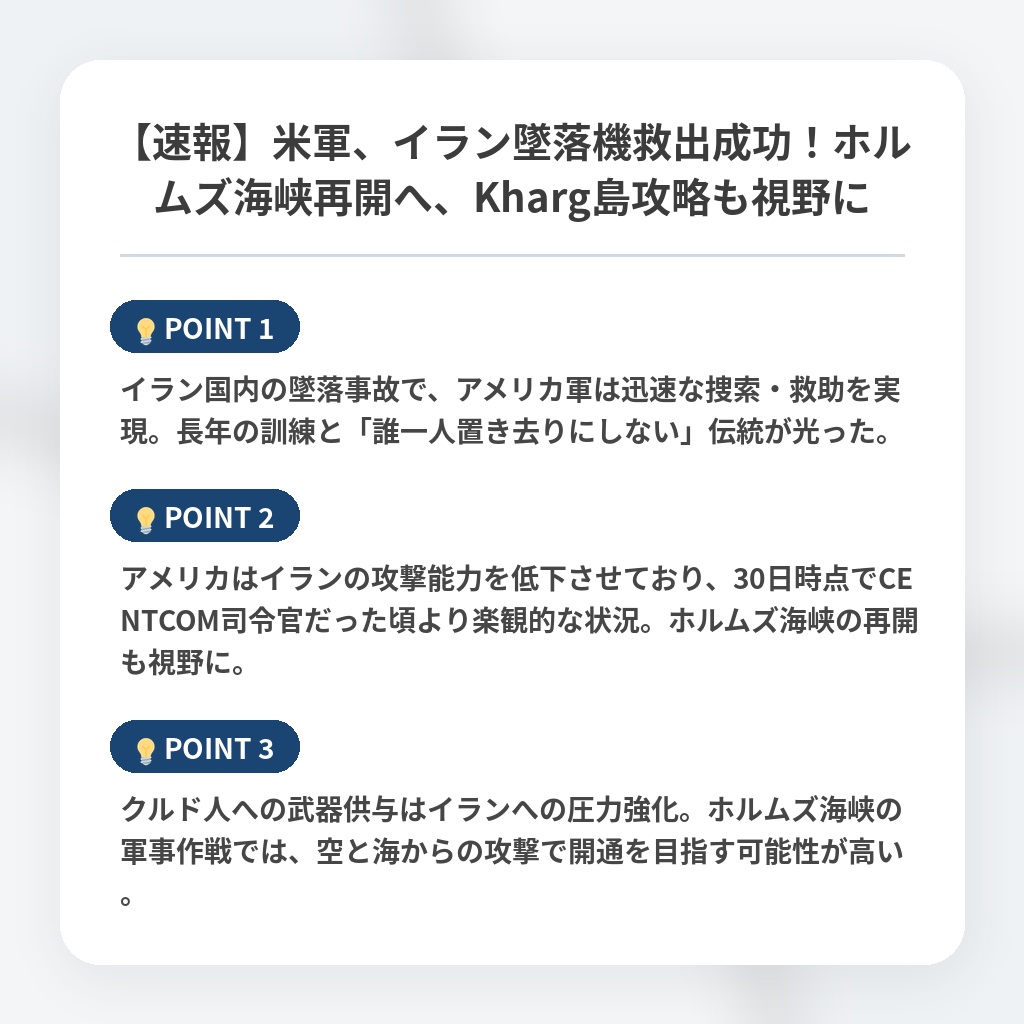 【速報】米軍、イラン墜落機救出成功!ホルムズ海峡再開へ、Kharg島攻略も視野にの注目ポイントまとめ