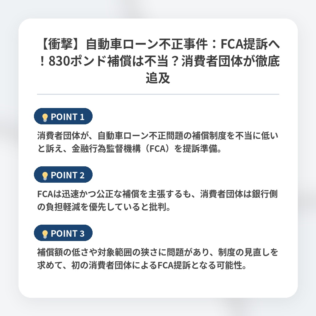 【衝撃】自動車ローン不正事件：FCA提訴へ！830ポンド補償は不当？消費者団体が徹底追及の注目ポイントまとめ