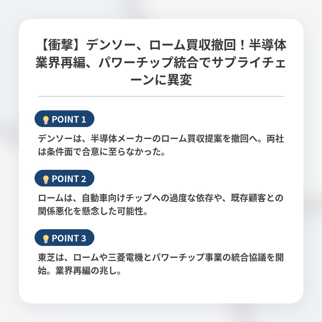 【衝撃】デンソー、ローム買収撤回！半導体業界再編、パワーチップ統合でサプライチェーンに異変の注目ポイントまとめ