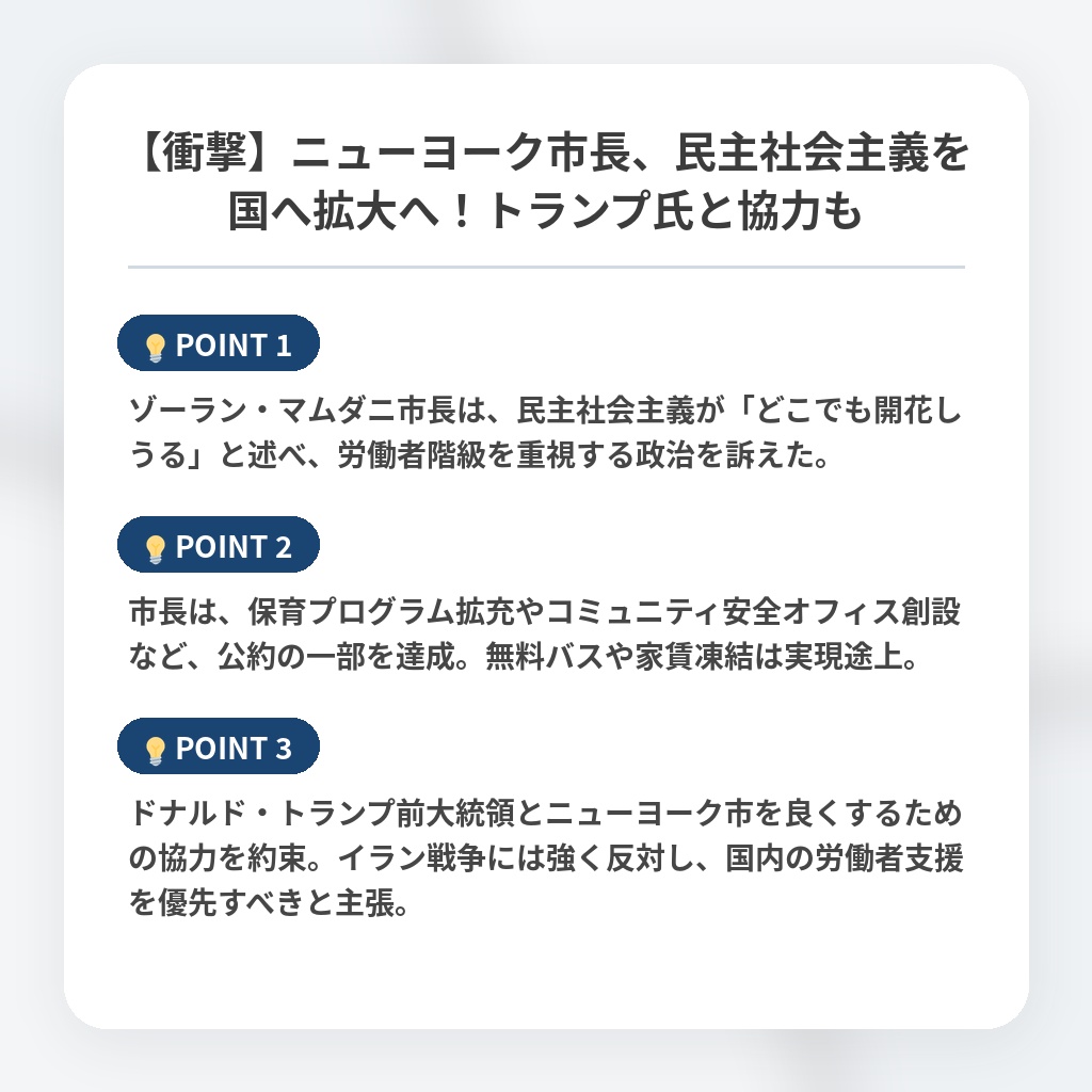 【衝撃】ニューヨーク市長、民主社会主義を国へ拡大へ！トランプ氏と協力もの注目ポイントまとめ