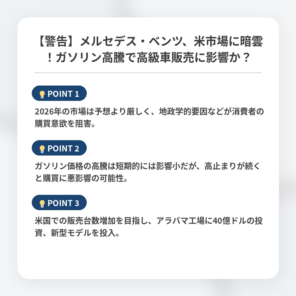 【警告】メルセデス・ベンツ、米市場に暗雲！ガソリン高騰で高級車販売に影響か？の注目ポイントまとめ